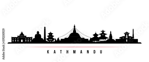 Kathmandu skyline horizontal banner. Black and white silhouette of Kathmandu City, Nepal. Vector template for your design. photo