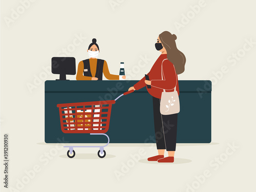 Grocery store during epidemic of virus.Cashier in protective medical mask is behind cash register serves customer pregnant woman.Red shopping cart with purchases.Teller workplace in supermarket.Vector