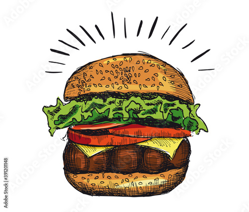 Vector hand drawn burger on white background	