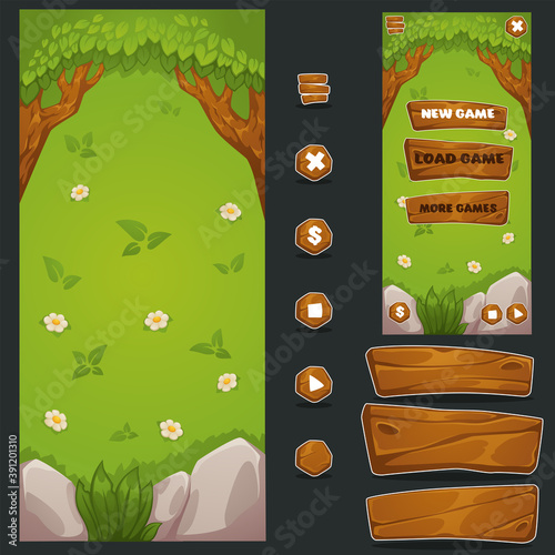 cartoon forest, mobile game background and CUI elements