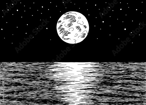 Sea moon reflection skyline graphic black white night seascape sketch illustration vector