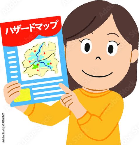災害ハザードマップを紹介する女性のイラスト
