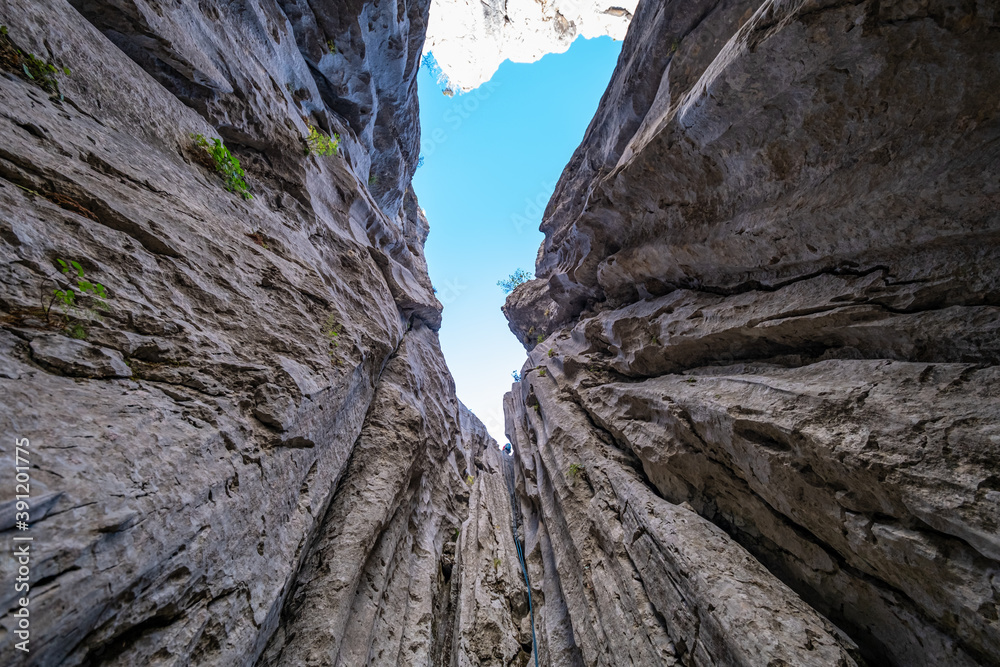 dangerous deep snow pits and caves in the mountainous area in the Mediterranean region