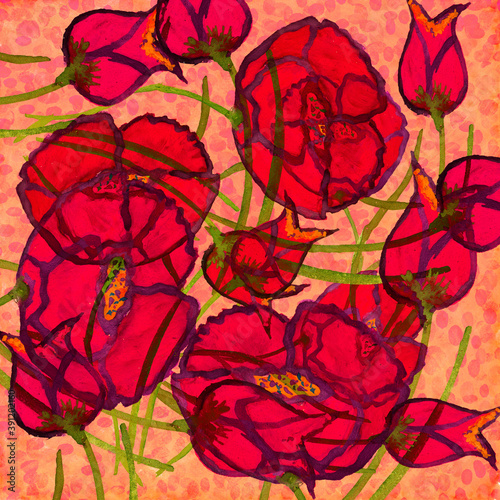 Red fashion poppies illustration against yellow