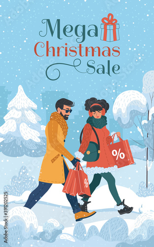 Christmas shopping together. Banner with young happy couple doing for the New Year shopping. Men and women are buying gifts with big sale. Vector illustration.