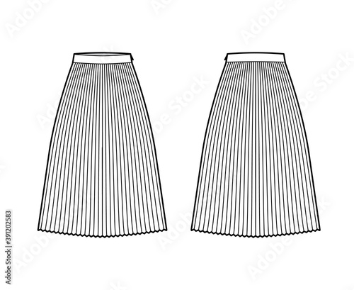 Skirt sunray pleat technical fashion illustration with below-the-knee midi length silhouette, circular fullness. Flat bottom template front, back, white color style. Women, men, unisex CAD mockup