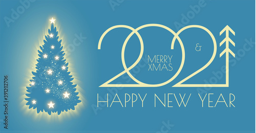 Happy New 2021 Year Elegant holiday design template with shining Christmas fir trees silhouette. Winter coniferous forest. Magic light design
