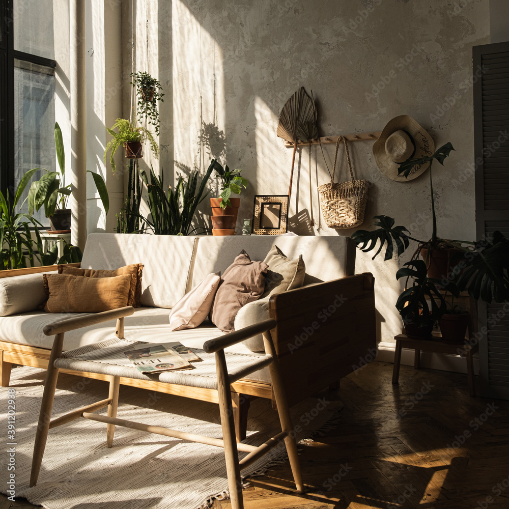 Boho style modern home interior design. Sofa pillows home plants