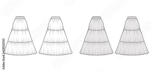 Skirt gypsy dirndl technical fashion illustration with maxi floor length silhouette, circular fullness. Flat bottom template front, back, white grey color style. Women, men, unisex CAD mockup