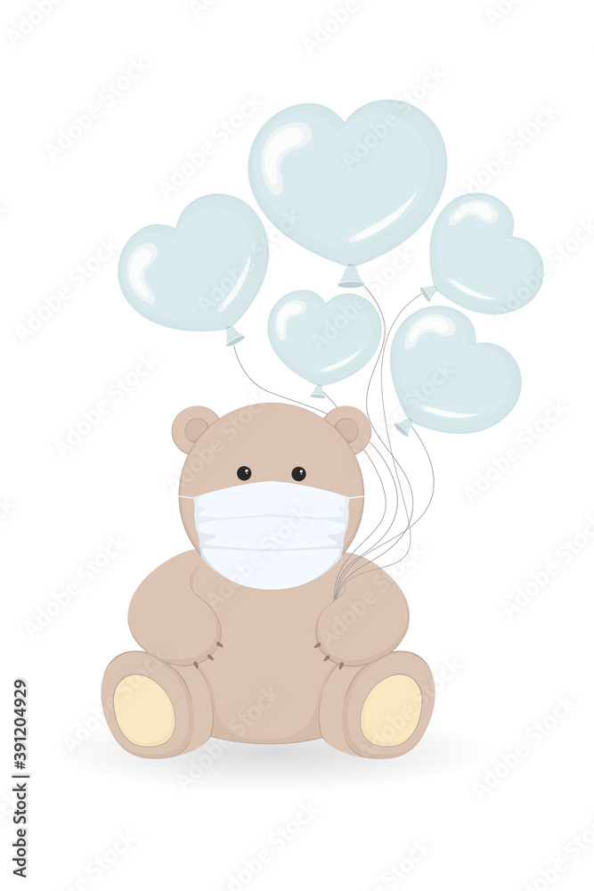 Teddy bear in mask sitting and holding heart shaped helium balloons. Cartoon. Vector illustration. Teddy bear in mask sitting and holding heart shaped helium balloons. Cartoon. Vector illustration.