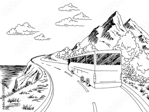 Bus travel road graphic black white landscape sketch illustration vector
