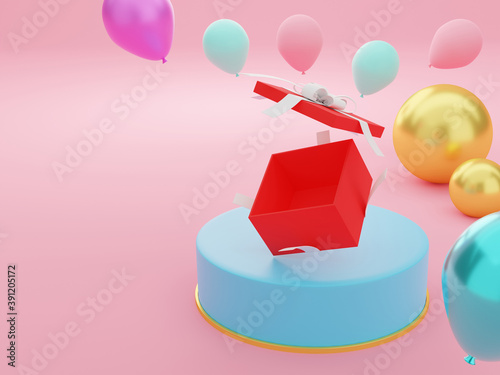 open red gift box above the blue stage for background product presentation