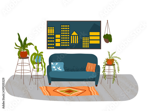 Beautiful living room with lots of plants, scandi style. Hand-drawn with noise texture.