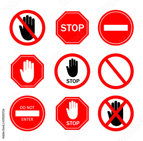 Stop sign. Icon of ban to enter. Red symbol with stop, hand for restricted of traffic. Logo of danger, forbid and attention. Signal for caution, safety on road. Set of isolated street signs. Vector.
