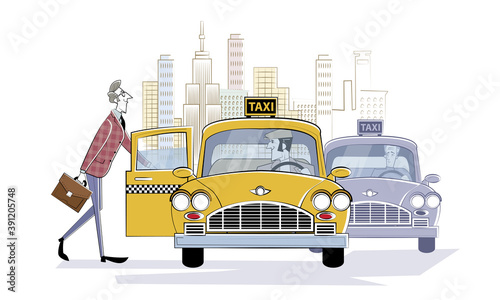 Ordering taxi car. Man gets into a retro taxi car on the street of a big city. Businessman rushing to meeting. Retro illustration in sketch style.
