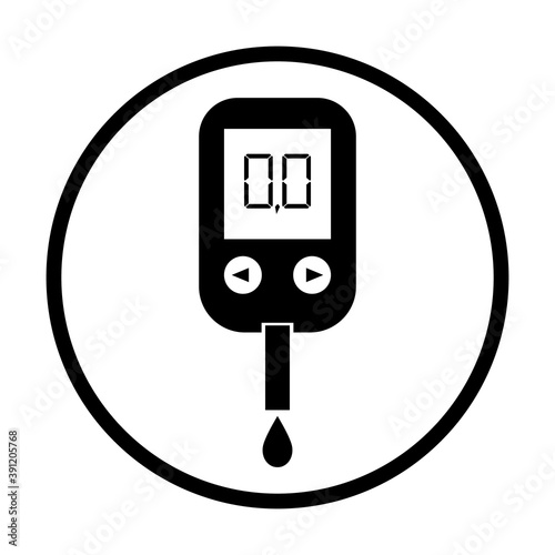 Icon of glucose in blood. Glucometer with monitor for meter sugar in diabetes. Tester, device for test of glucos level. High diabetic, hyperglycemia. Sign of mellitus. Symbol of hypoglycemia. Vector.
