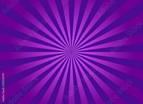 Purple sunburst background. Abstract texture with burst of sun  rays. Light from starburst. Vintage violet wallpaper with radial rays. Comic art from 60s. Pattern with sunlight for backdrop. Vector.