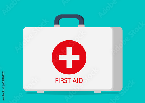 First aid kit. Icon of doctor box. Medical bag with pharmacy in emergency. Suitcase of medic with cross. Concept health and medicine. Cartoon toolbox for help in ambulance and hospital. Vector