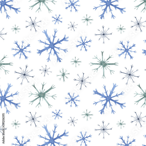 Seamless pattern with watercolor snowflakes on a white background. Snowfall, winter. Festive background. For gift wrapping, textiles, wallpaper.