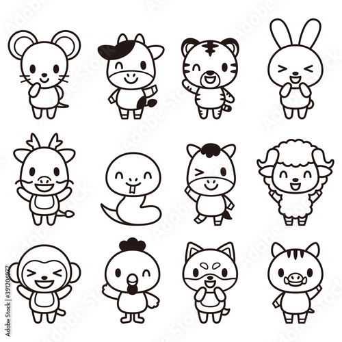 干支 十二支 かわいいキャラクターセット(白黒)-animal Vector illustration	