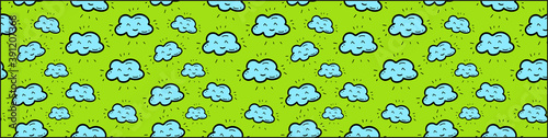 Pattern with blue doodle clouds on green background, vector illustration