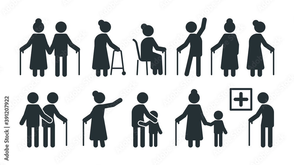Elderly people symbols. Old persons stylized pictogram seniors in various pose vector set. Elderly stylized pictogram, pose walking silhouette illustration Elderly people symbols. Old persons stylized pictogram seniors in various pose vector set. Elderly stylized pictogram, pose walking silhouette illustration