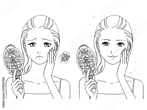 美容に使えそうなイラスト_鏡を持つ女性 _モノクロ