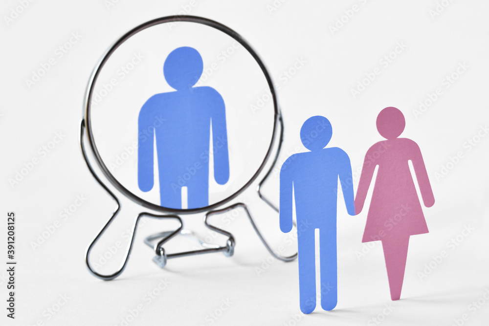 Couple looking in the mirror with man that sees only himself - Concept of egoism and narcissist Couple looking in the mirror with man that sees only himself - Concept of egoism and narcissist