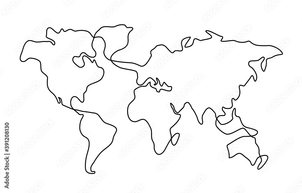 Hand drawn scribble line art world map isolated on whitebackground.