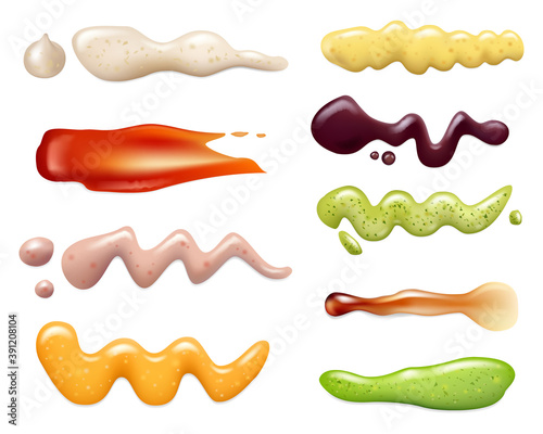 Sauce splashes. Liquid tomato for barbeque curry delicious food ingredients mayonnaise vector realistic templates set. Illustration barbeque sauce, realistic mayonnaise cream