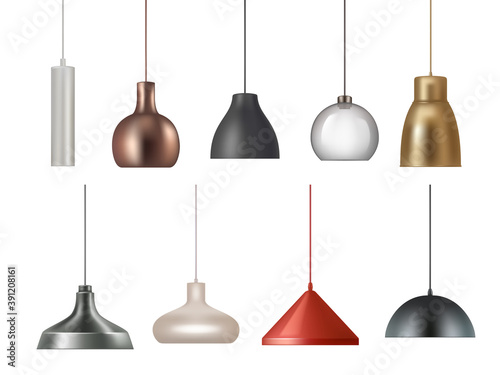 Hanging lamp. Realistic electricity lamp bright lighting interior decoration vector illustrations set. Bright electricity light interior, bulb illumination decoration