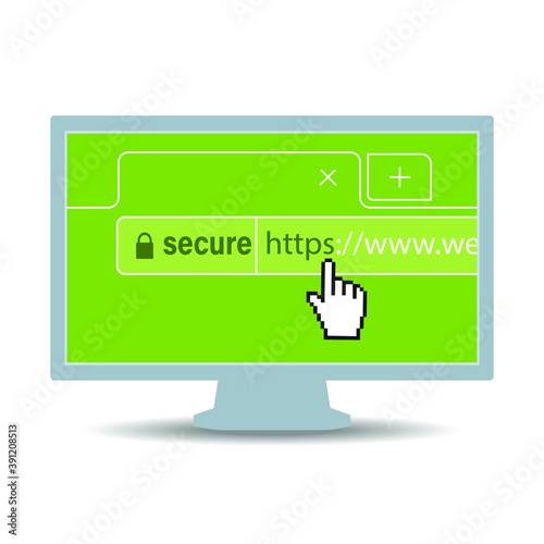 Surfing the Internet using SSL encryption. A browser window with a mouse pointer and an https address. Vector illustration.