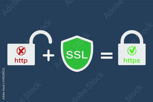 The HTTP and HTTPS protocols. Safe and reliable web browsing. Vector illustrations.