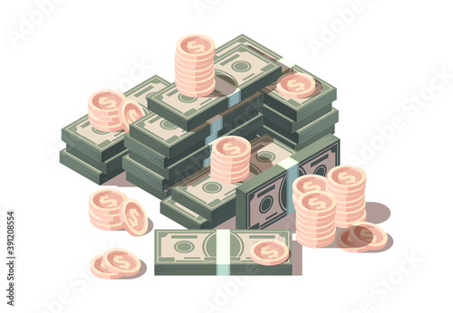 Money hills. Dollars and coins finances isometric symbols vector business concept. Dollar financial investment, money pile, illustration wealth income