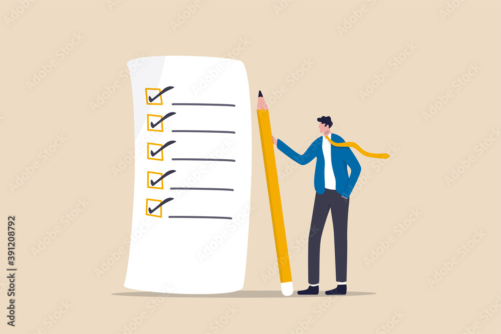 Checklist for work completion, review plan, business strategy or todo list for responsibility and achievement concept, confident businessman standing with pencil after completed all tasks checklist. - obrazy, fototapety, plakaty 
