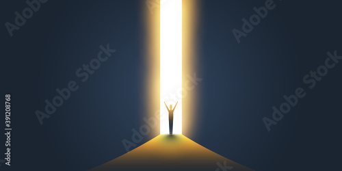 New Possibilities, Hope - Overcome Business Problems, Solution Finding, Vector Concept - Businessman Standing in Dark, Symbol of Light at the End of the Tunnel
