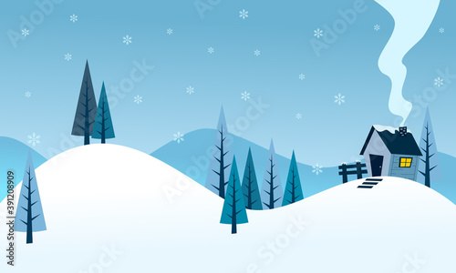 House In the Middle Snowy Pine Forrest In Winter Session Illustration Vector