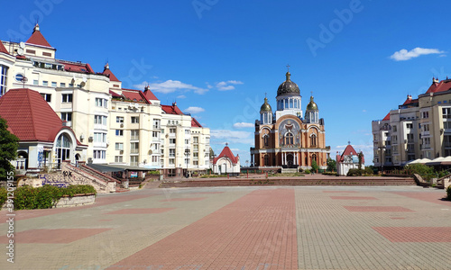 Orthodox cathedral with golden domes, Christian religious background