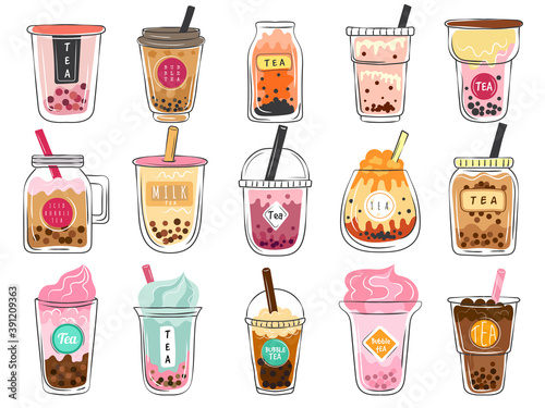 Bubble tea doodles. Dessert asian drinks in plastic cups delicious cold mocha freshness tea vector illustrations set. Cup tea ice bubble, cafe menu