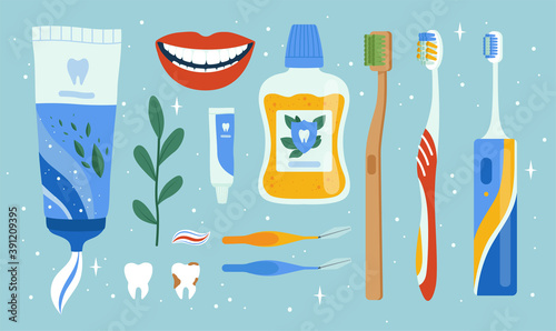 Dentist accessories. Oral dental hygiene items mouth brush apples cleaning tools teeth vector set. Medical dentist equipment for care and clean illustration
