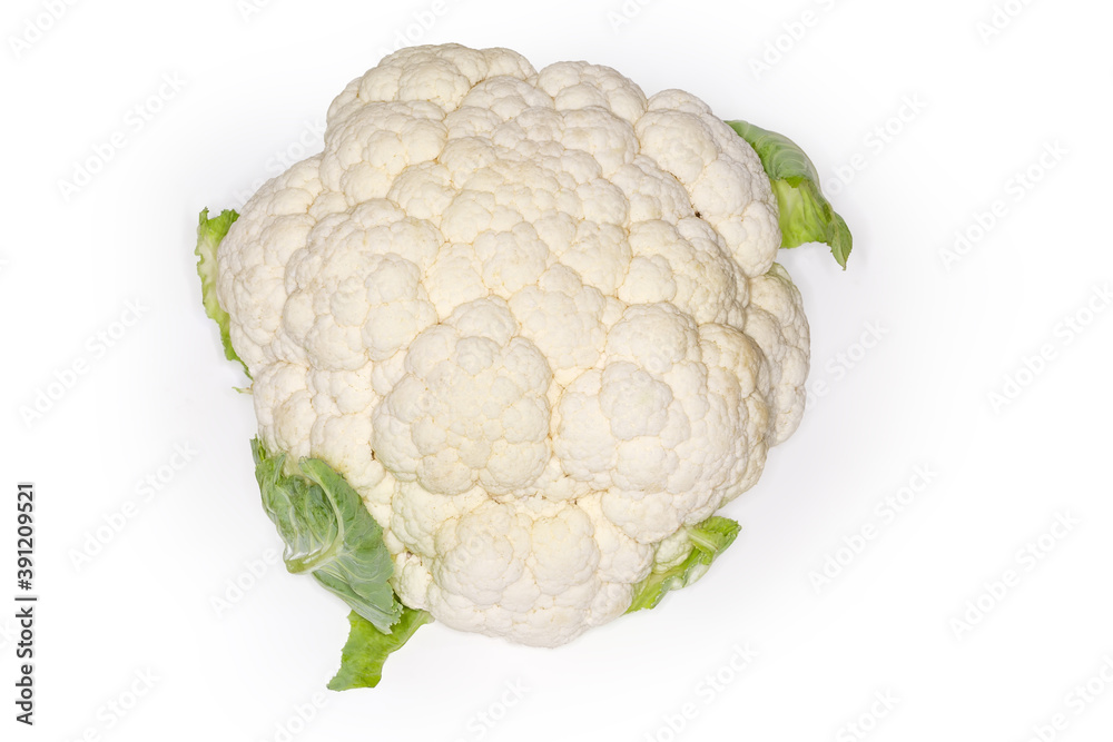 Top view of cauliflower head on a white background