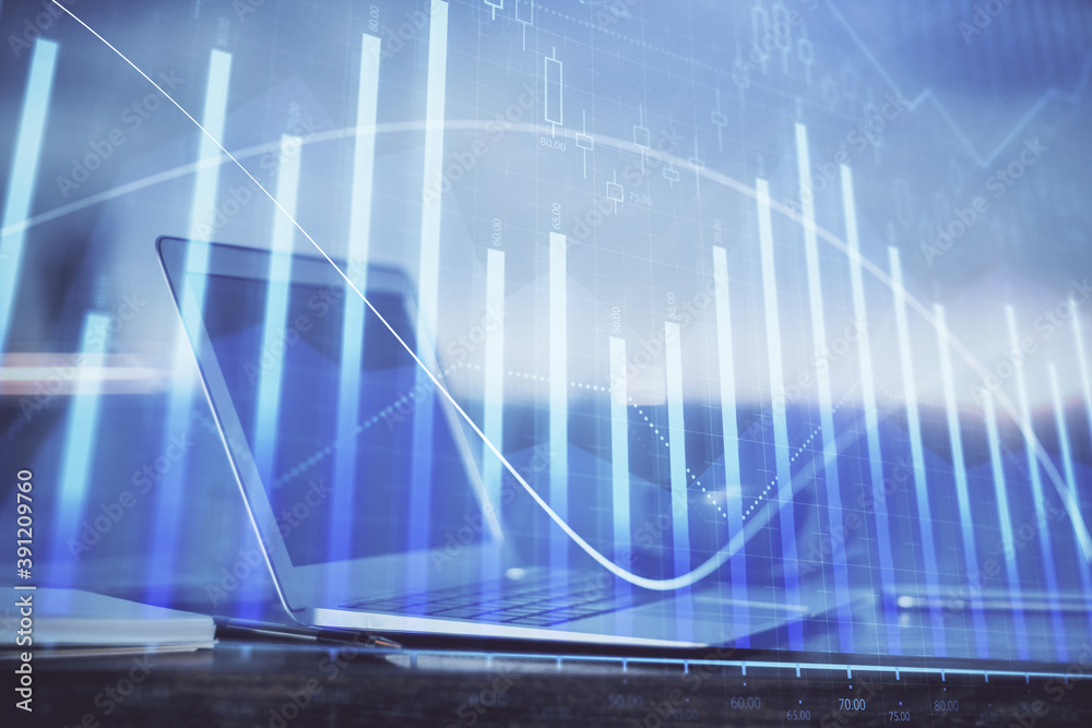 Stock market graph on background with desk and personal computer. Double exposure. Concept of financial analysis. Stock market graph on background with desk and personal computer. Double exposure. Concept of financial analysis.