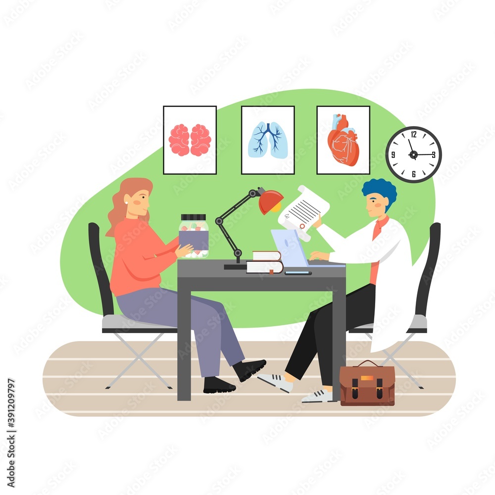 Doctor giving medical prescription to patient sitting at table, flat vector illustration. Doctors appointment. Doctor giving medical prescription to patient sitting at table, flat vector illustration. Doctors appointment.