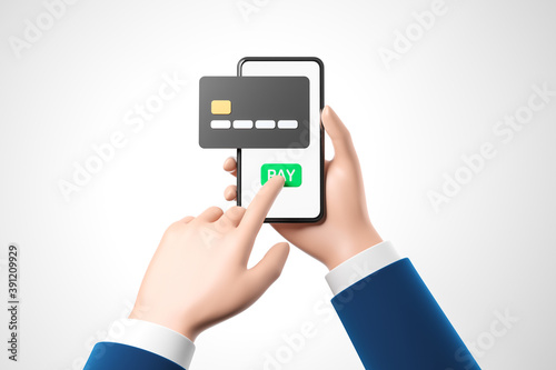Cartoon businessman hand hold smartphone with big black credit card on the screen and push pay button, Online payment concept.