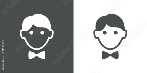 Logotipo con cara de hombre con corbata de lazo en fondo gris y fondo blanco