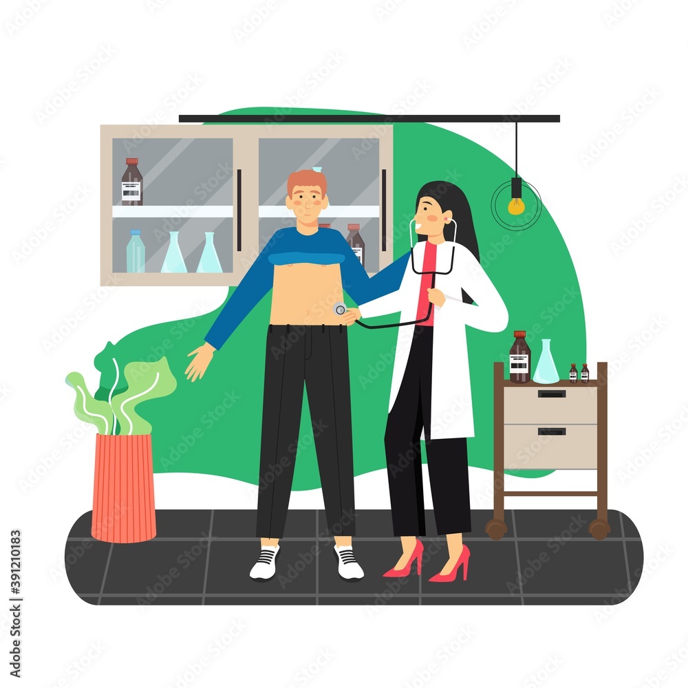 Doctor therapist, physician examining patient with stethoscope, flat vector illustration. Doctor examination. Doctor therapist, physician examining patient with stethoscope, flat vector illustration. Doctor examination.