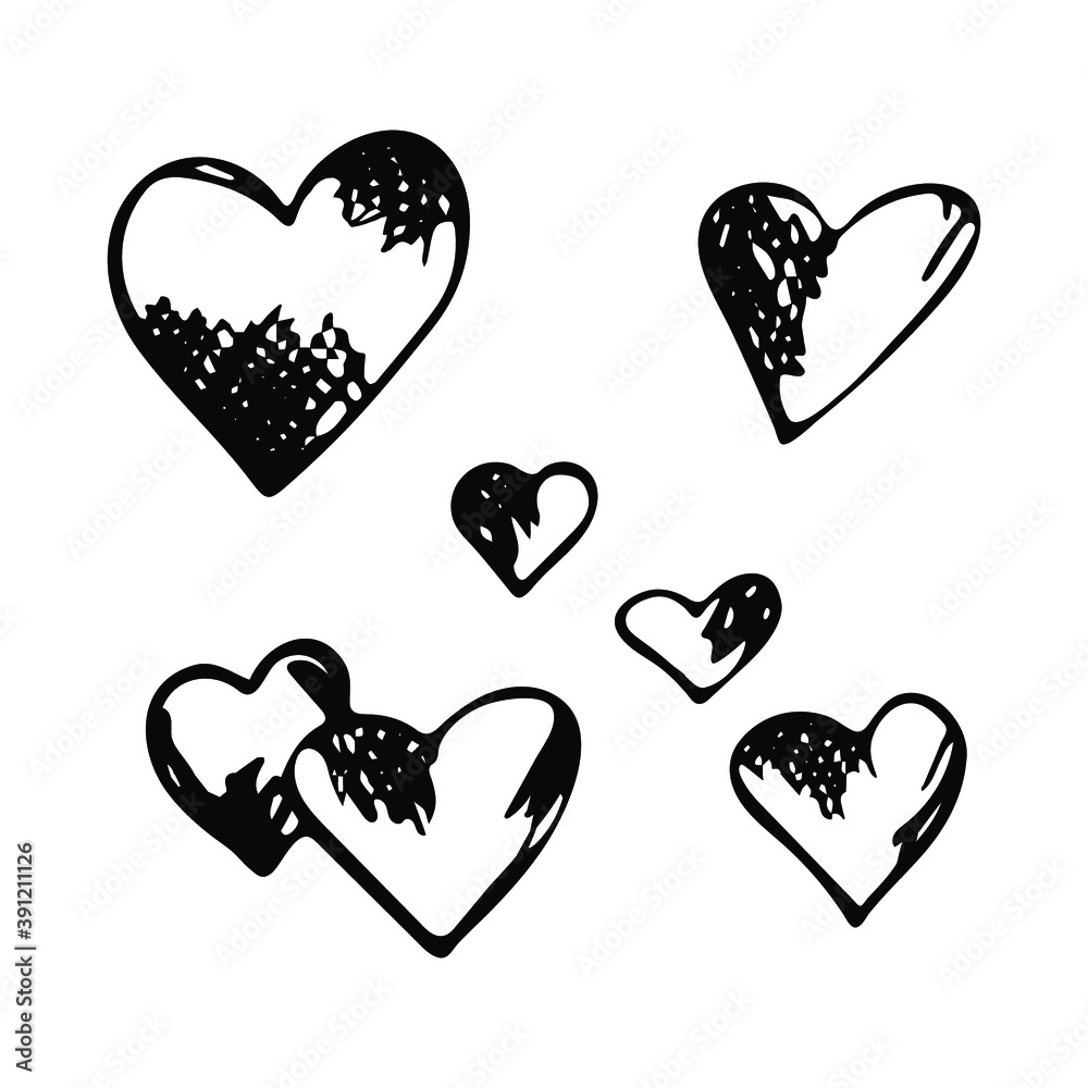 Hand-drawn hearts in a graphic style. Vector illustration isolated on white background. Hand-drawn hearts in a graphic style. Vector illustration isolated on white background.