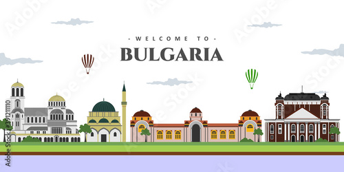 Great city landscape panorama view of Bulgaria with famous landmarks. Set vector illustration can be use for poster travel book, postcard, billboard. Business travel and tourist guide