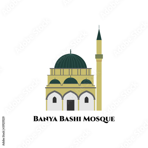 Banya Bashi Mosque in Sofia, Bulgaria flat cartoon design. Small mosque with an amazing history. A nice mosque in the center of Sofia must-see. The Ottoman architecture that still preserved well