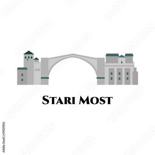 Stari Most or Old Bridge in Mostar. Great tourist attraction. You can have a beautiful city view and the view on the beautiful turquoise Neretva river. Flat cartoon style vector illustration.